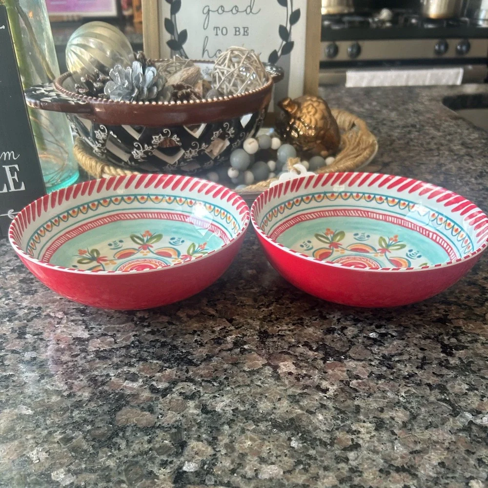 ✨Rachel Roy Red Blue Spanish Style Tile Medallion Melamine Cereal Bowls Set Of 2